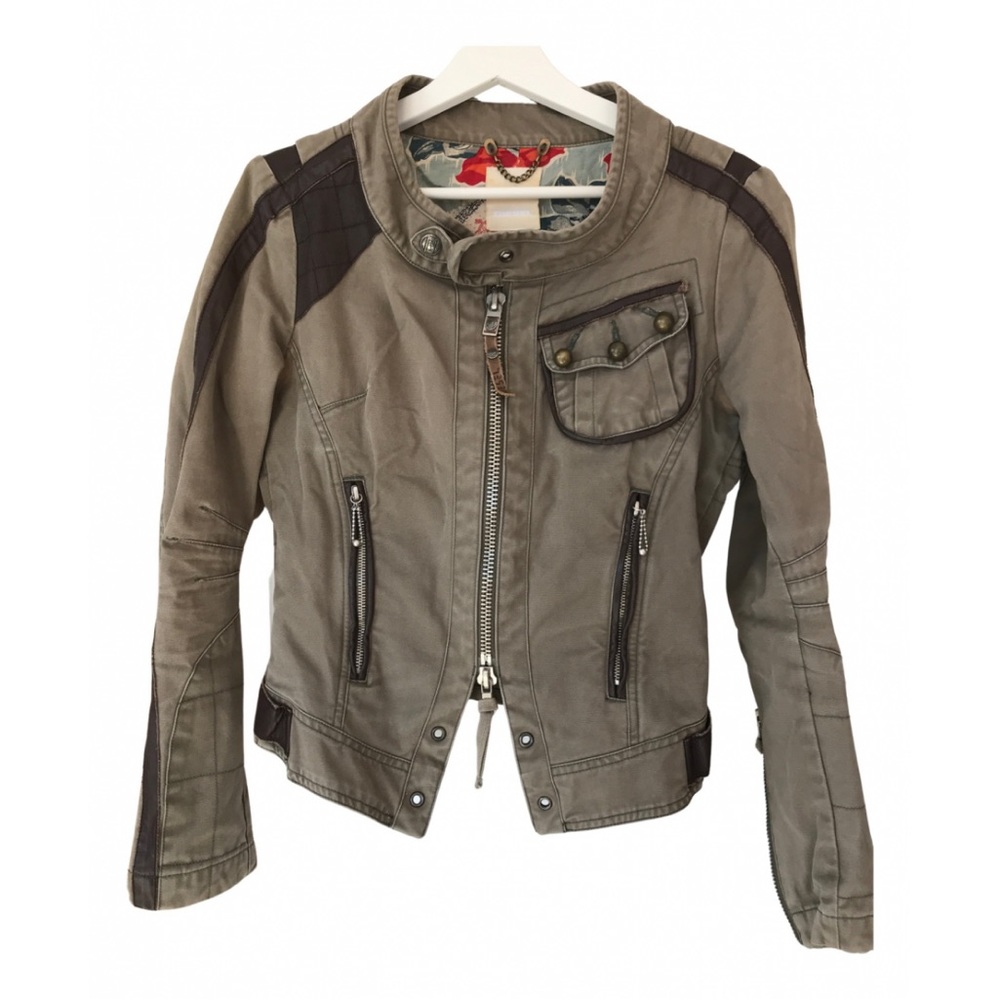 Diesel Sapporox Biker Style Khaki Cotton Jacket with Leather Trim